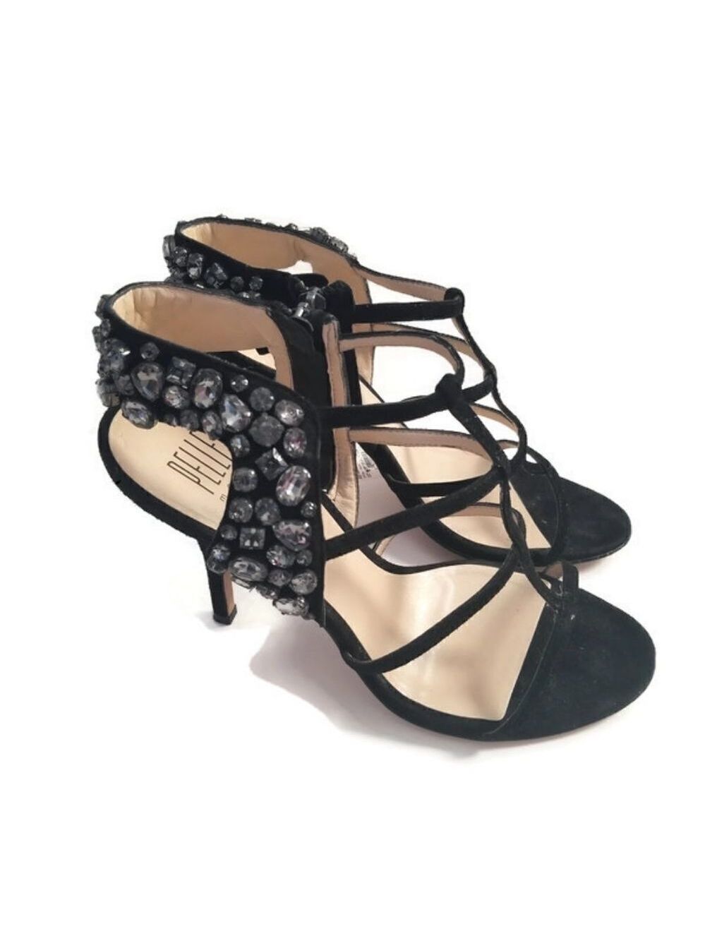 New PELLE MODA | suede heels black shoes t- straps crystals sz 10M